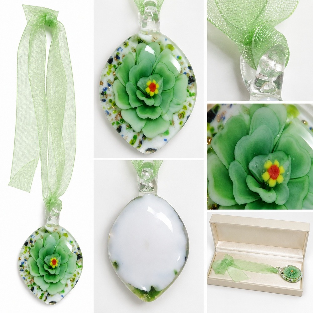Green Glass Flower Pendant Necklace Sheer Ribbon Lampwork Floral Art Glass